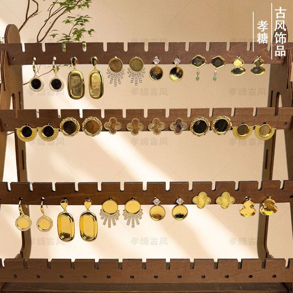 S925银针手工diy宋锦耳钉耳环铜镀18K底胚自做耳饰空托配件耳饰