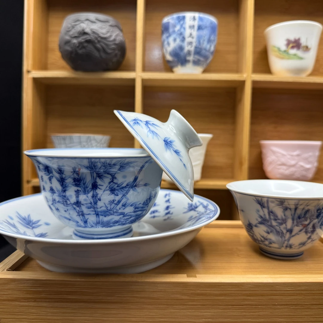 中式复古青花釉下彩满绘大号壶承竹节三才盖碗茶具0374