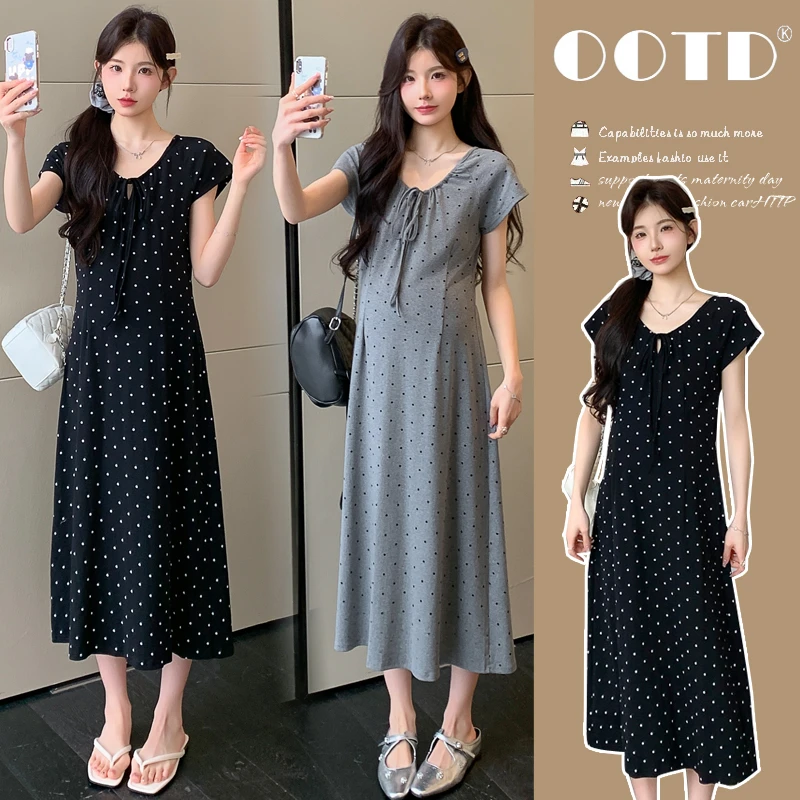【安安】2025夏季简约波点系绳经典圆领修身孕妇连衣裙