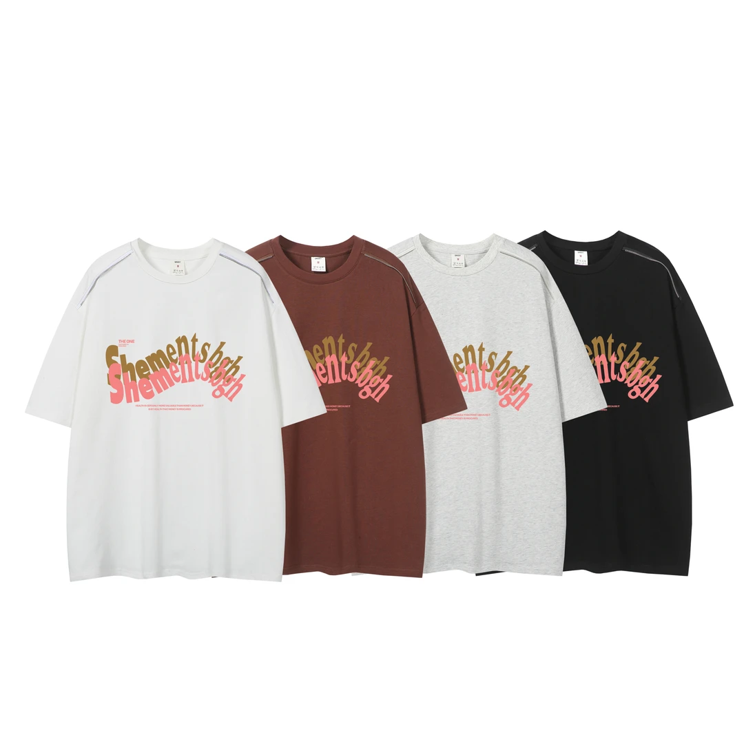 夏季重磅发泡印花短袖T恤男潮牌凉感透气拉链设计五分袖上衣潮流