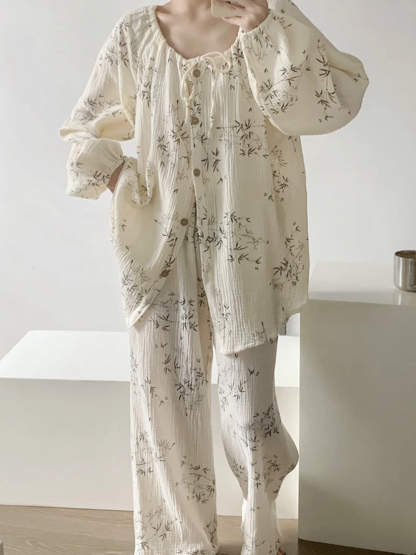 高级感棉纱布睡衣女款春秋款大码新中式竹叶印花家居服套装棉纱布
