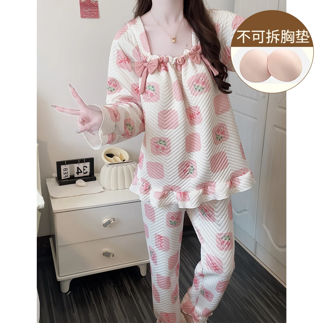 带胸垫一体式睡衣女春秋季可爱风卡通空气棉少女套装新款家居服冬