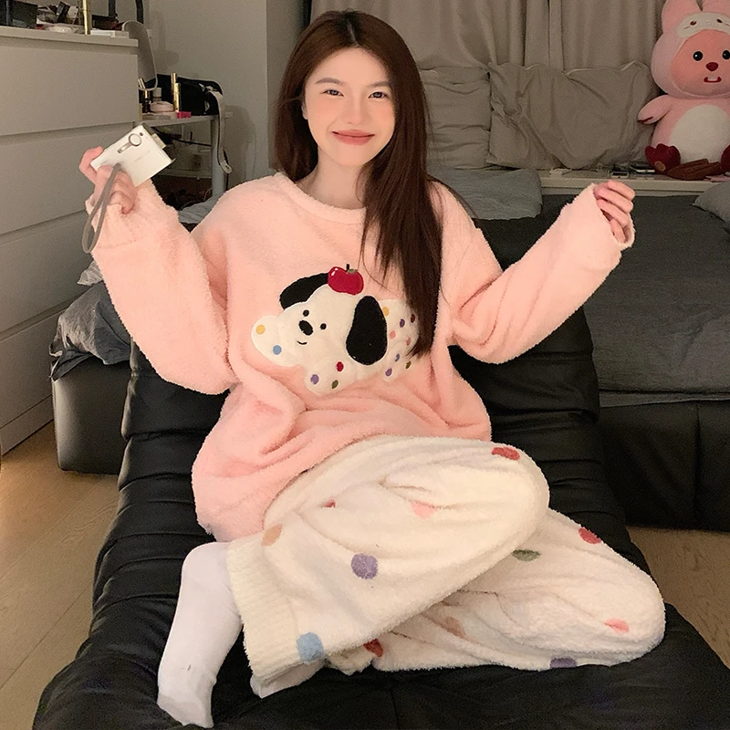 半边绒睡衣女秋冬季加厚保暖2025新款慵懒撞色可爱卡通家居服套装