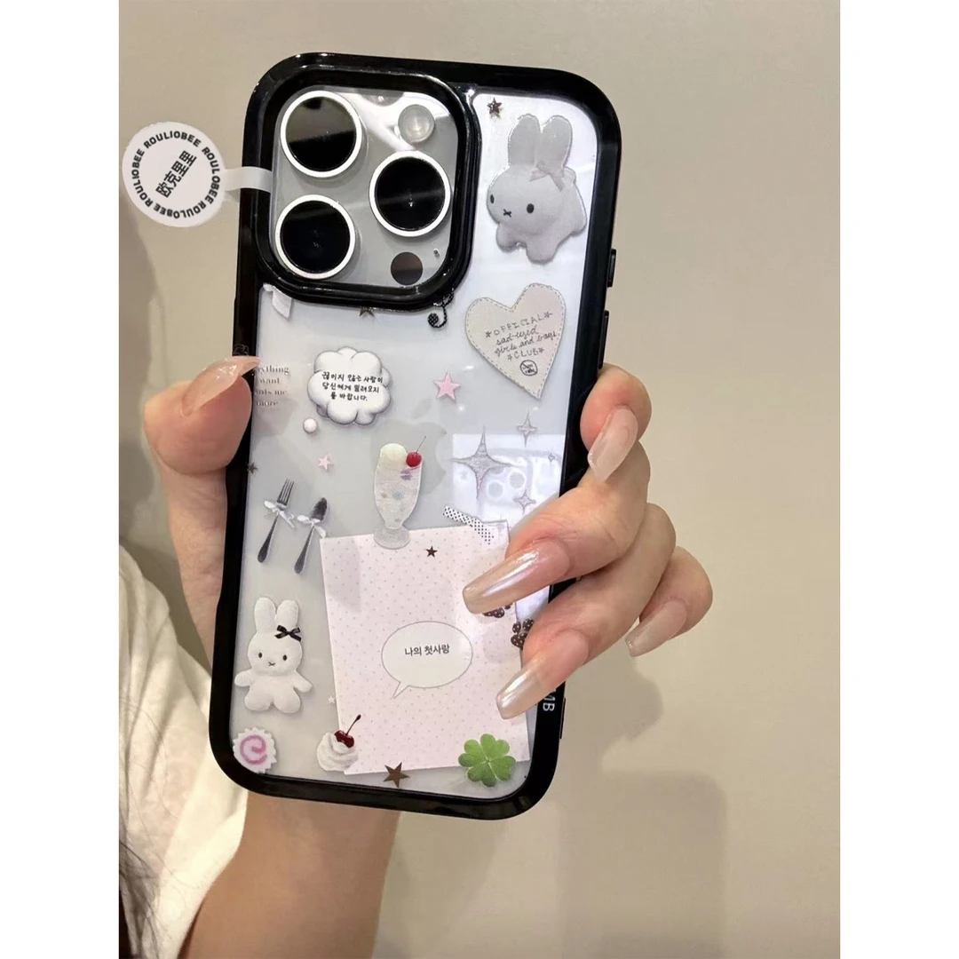 BANCA韩系黑框兔兔适用苹果16promax手机壳iPhone15/14创意13套12