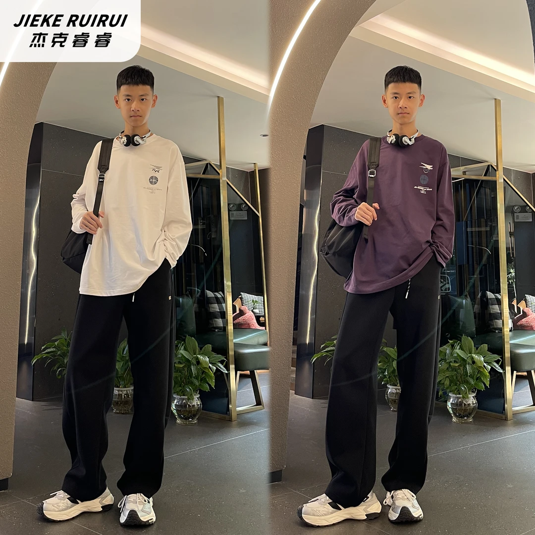 【现货-童】秋季新款潮牌简约宽松打底长袖上衣童亲子T恤杰克睿睿