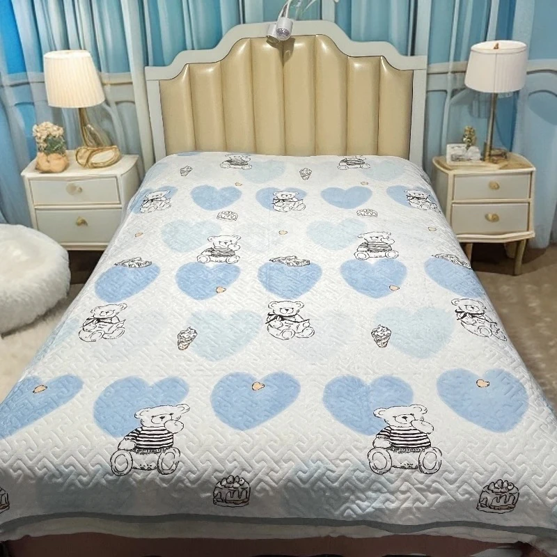 《小银》约200*225蓝色爱心小熊双面精品绒毯床盖