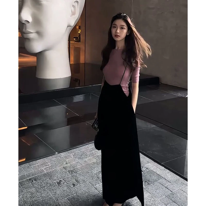 2025夏季新款韩系穿搭修身薄款圆领T恤上衣宽松丝绒背带阔腿长裤