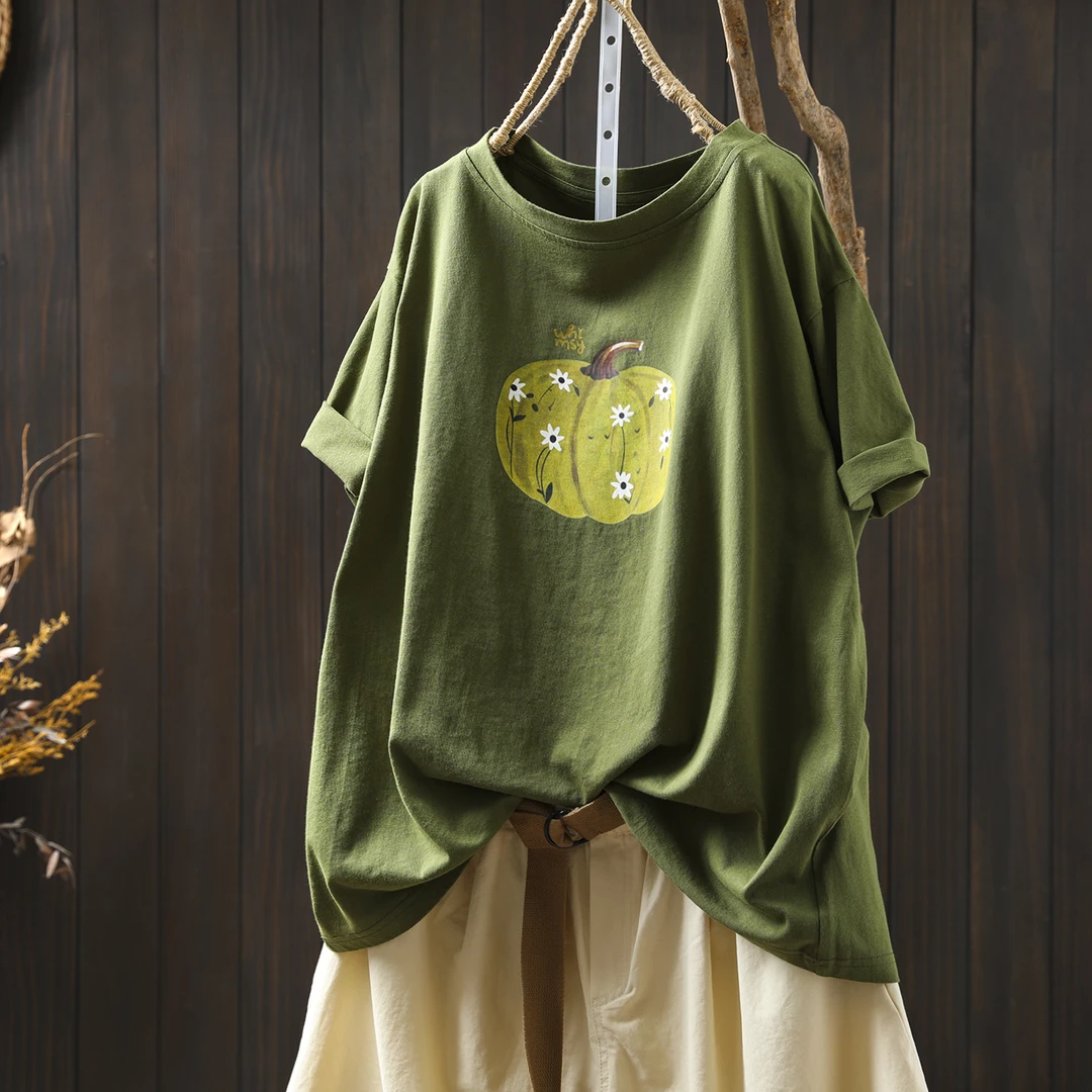绿色南瓜印花纯棉圆领短袖t恤女2025新夏小众设计感宽松休闲上衣