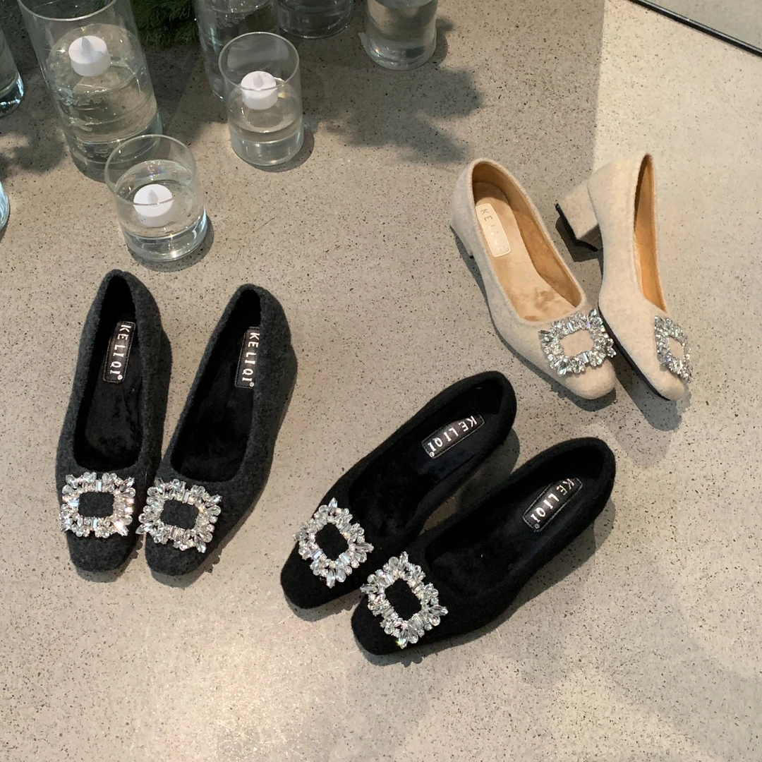 6206-5粗跟方头水钻高级感单鞋女鞋新款春秋冬季高跟鞋气质通勤鞋