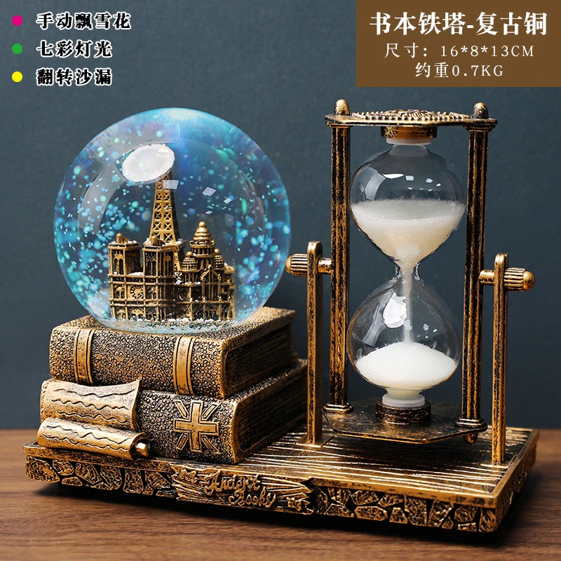 【新疆包邮】复古铁塔沙漏计时器水晶球八音盒发光桌面摆件创意