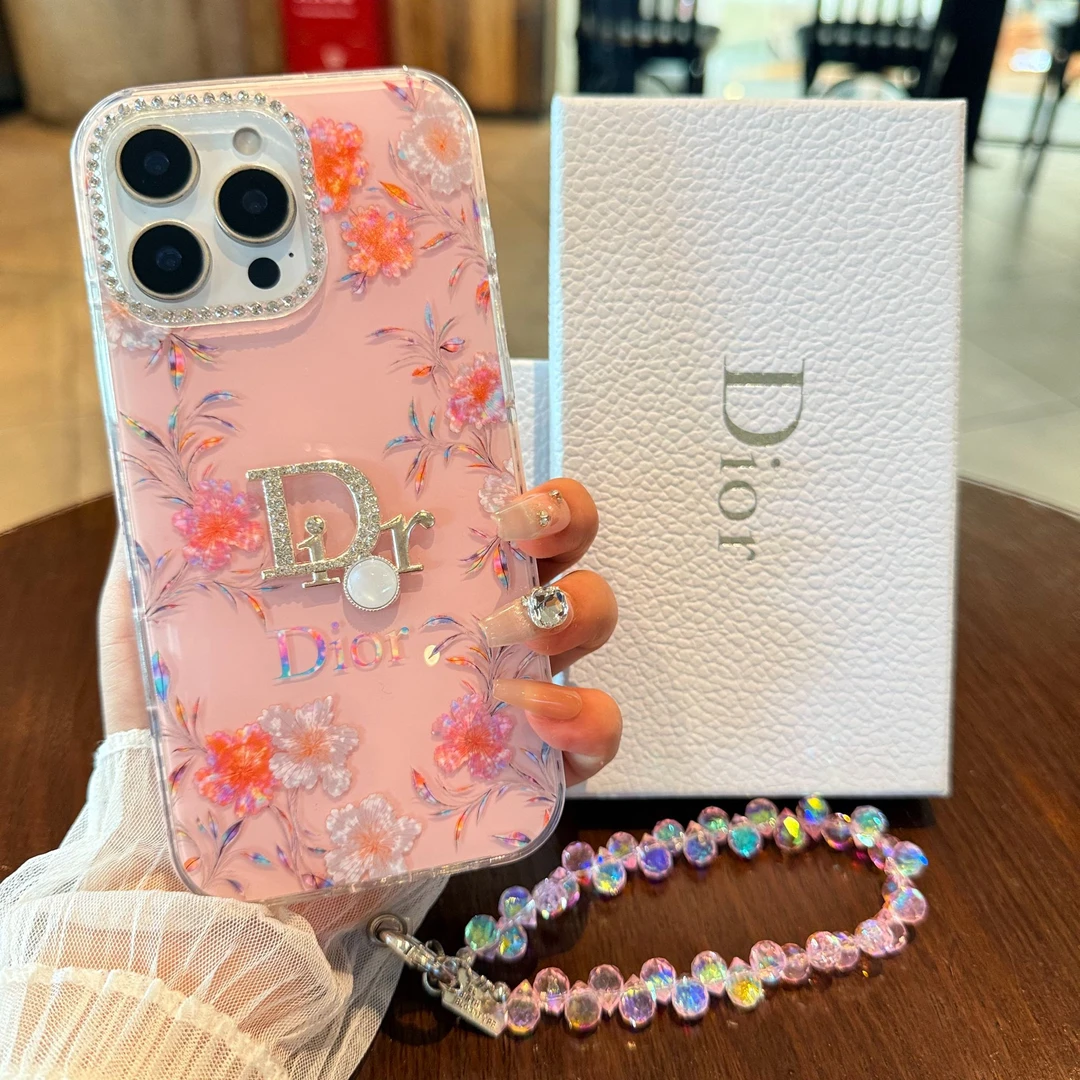 简约苹果16promax手机壳女款D家带手链iPhone15闪钻适用14ins风13