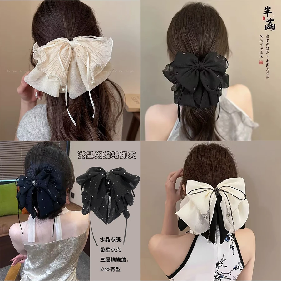 大号飘带蝴蝶结高马尾抓夹女2025新款发饰显脸小后脑勺发夹头饰黑