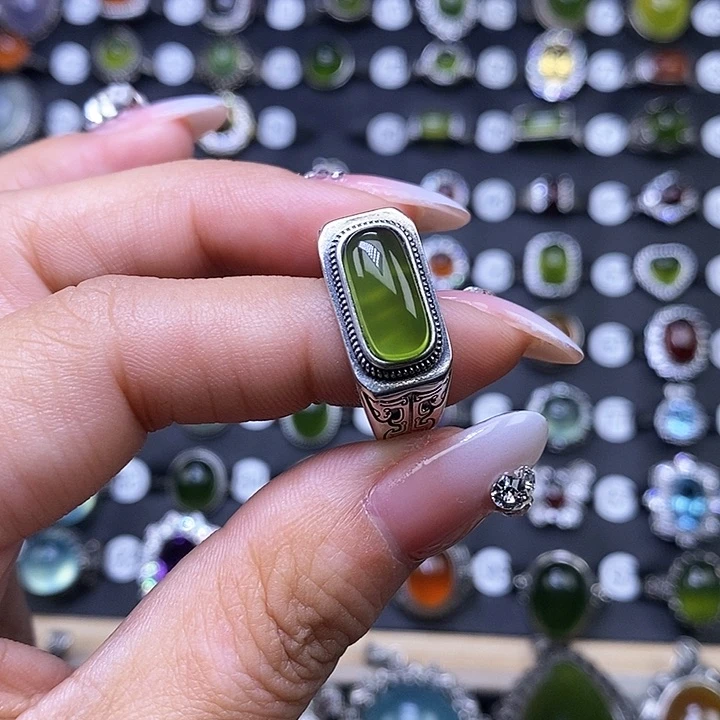 岫玉戒指银S925镶嵌大*牙