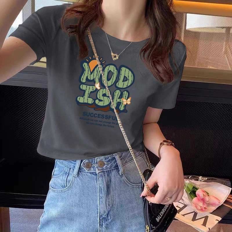 短款印花小众高腰半袖T恤衫2025夏季新款薄款女士圆领小个子上衣
