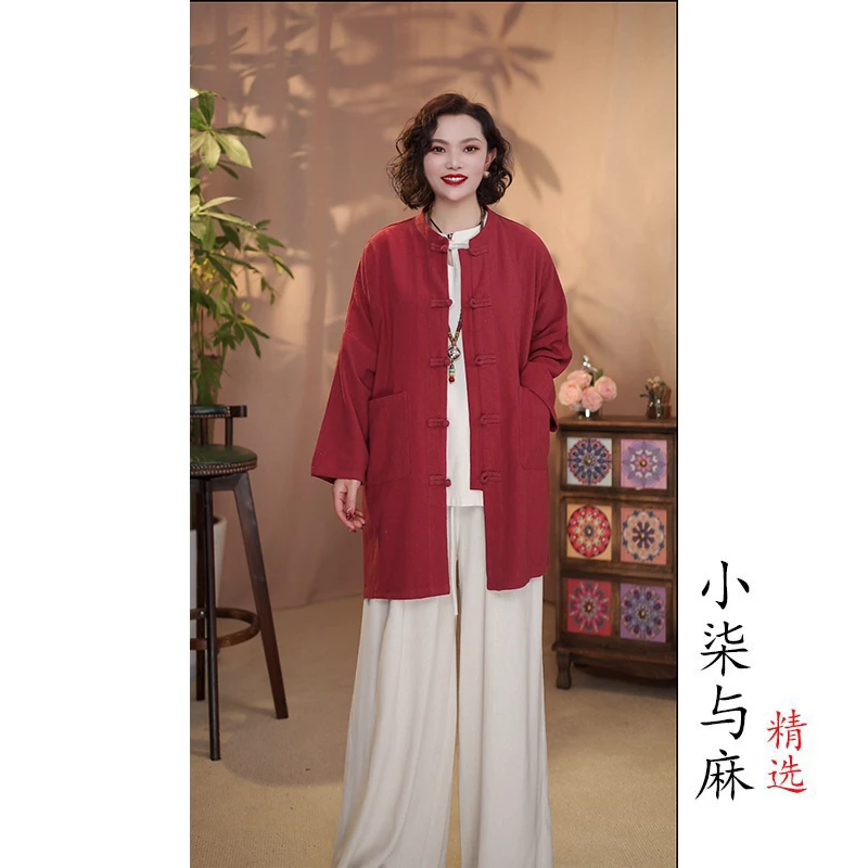 【小柒与麻】（衣长71胸围132）雨露麻盘扣上衣外披