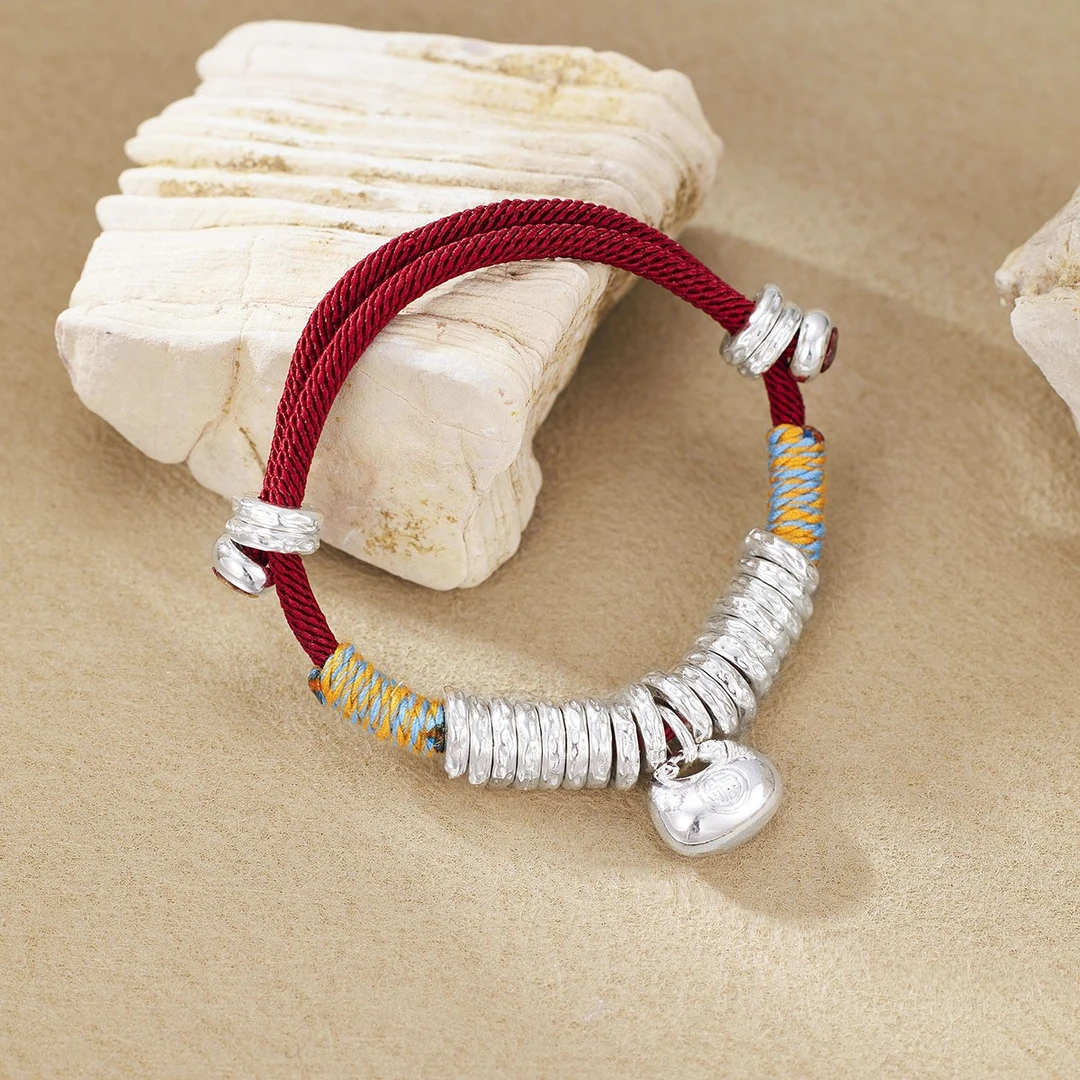 足银手链 平安小福袋 本命年手绳手工编绳可爱情侣可调节红色