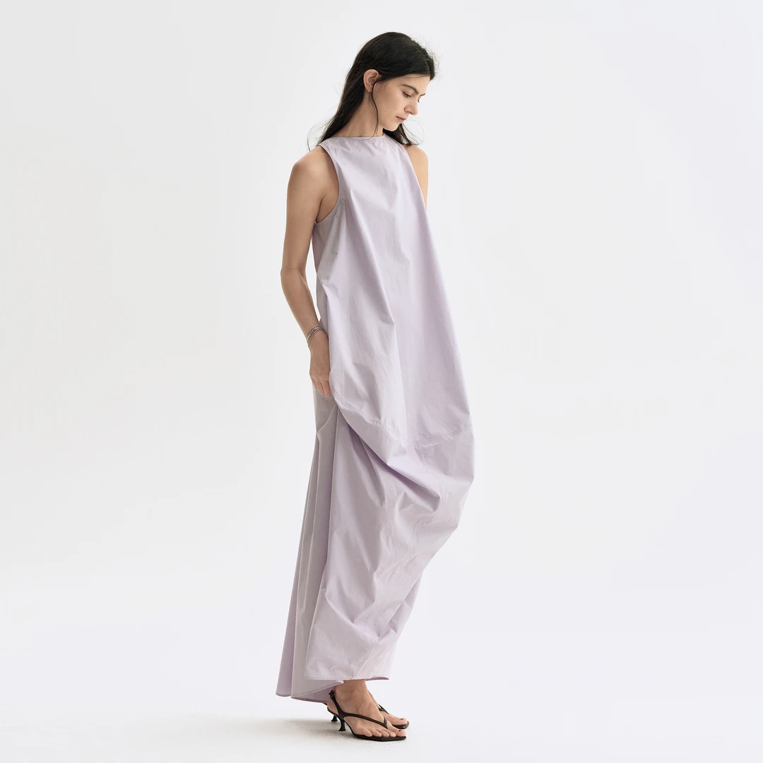 白弓BAIGONG/2025新款淡紫色廓形气质中长款无袖连衣裙36676X