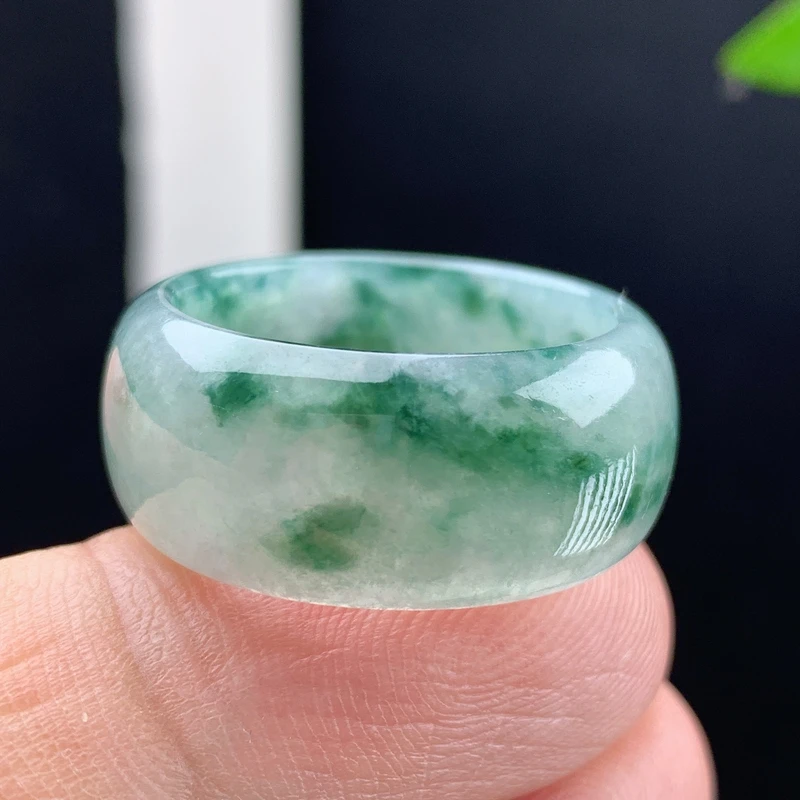 戒指内径21.5缅甸翡翠纯天然A货老种飘花蓝绿色扳指环大气时尚