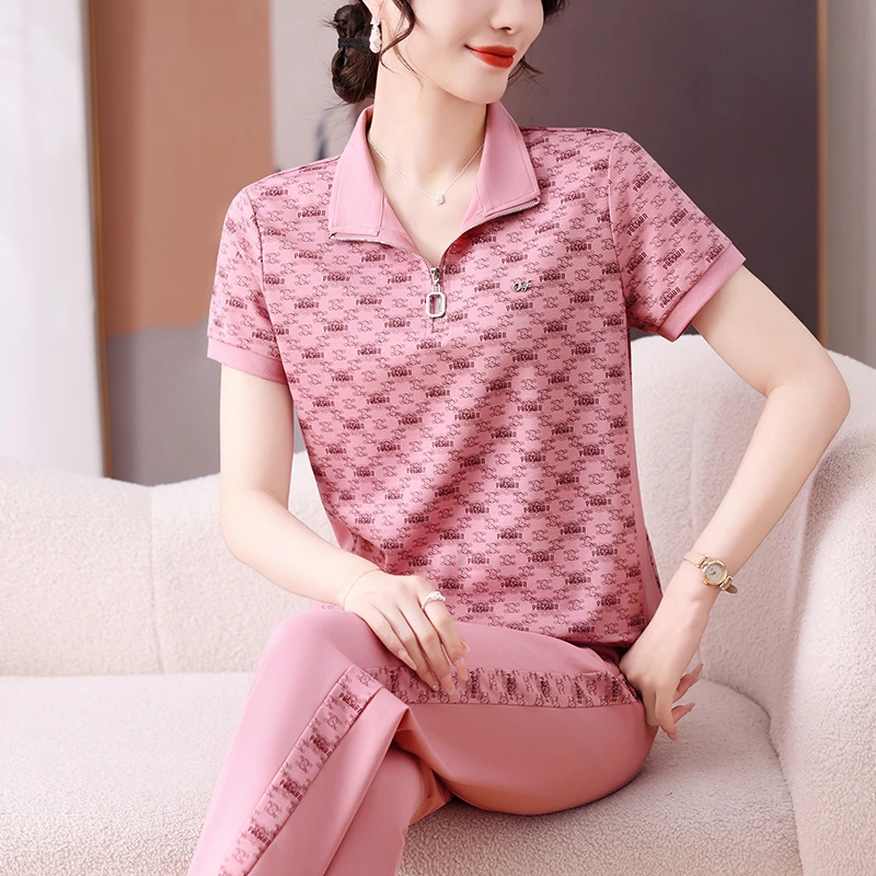 母亲节礼物2025中老年夏季运动套装女妈妈装翻领短袖垂感裤两件套