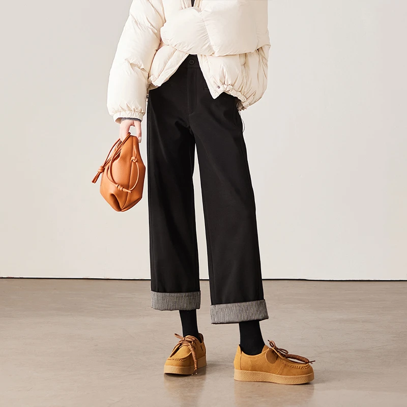 索菲丝尔2025冬季新款时尚高腰显瘦脚口翻边加厚保暖阔腿裤541072