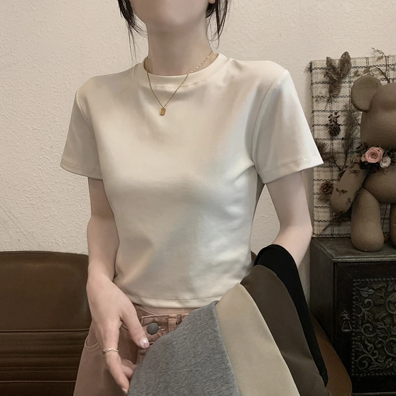 基础款白色圆领正肩短袖t恤女夏季新款小个子修身显瘦短款上衣ins