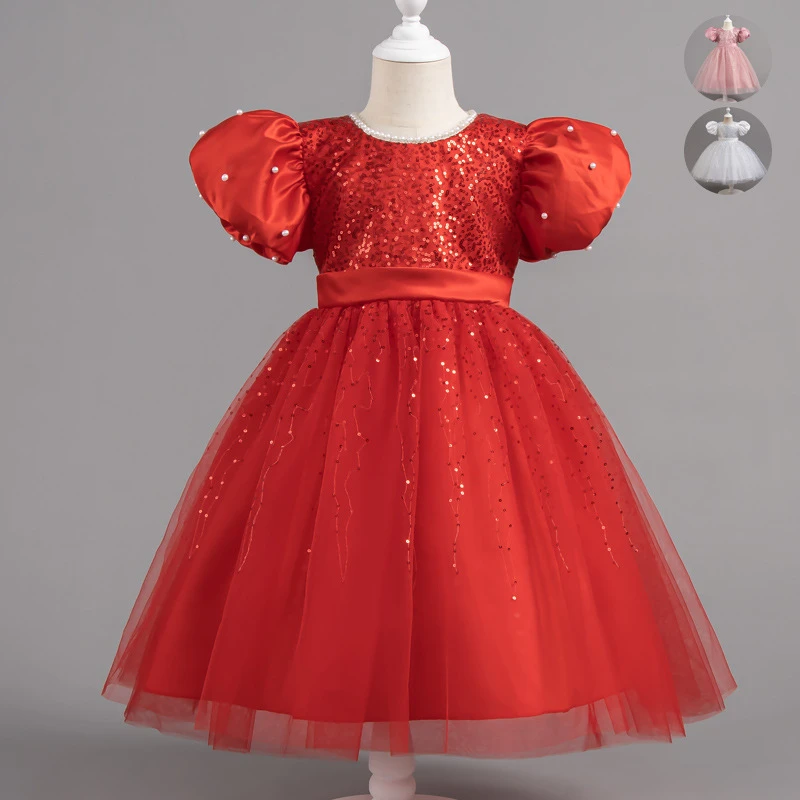女童香槟短袖礼服裙2025夏季新款宝宝泡泡袖亮片公主裙生日演出服