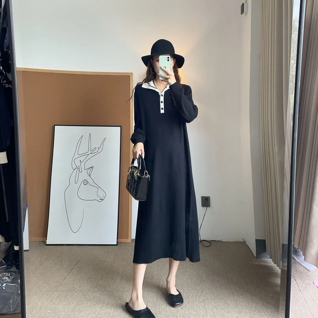 孕妇装翻领针织上衣款式高个子孕妇长款过膝秋季加绒针织打底衫