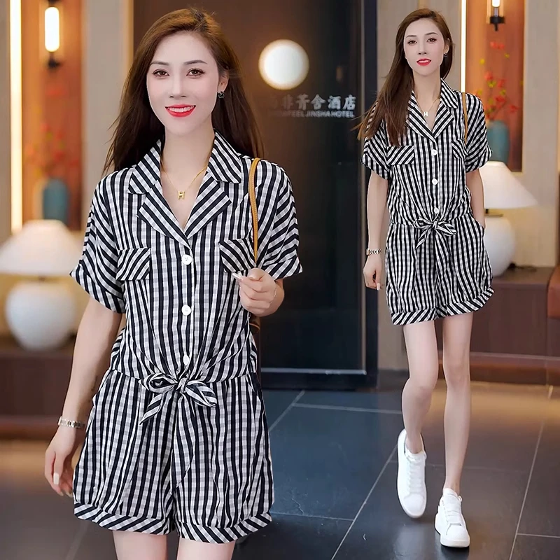 休闲高级感格子短袖衬衫阔腿短裤两件套女夏季新款小个子时尚套装