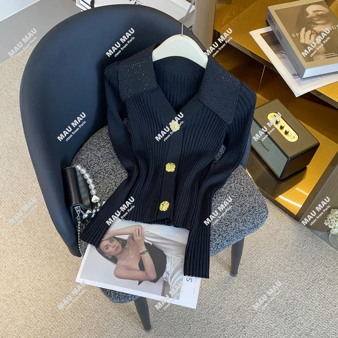 秋季立体翻领针织开衫显瘦v领长袖高级感上衣DY3186