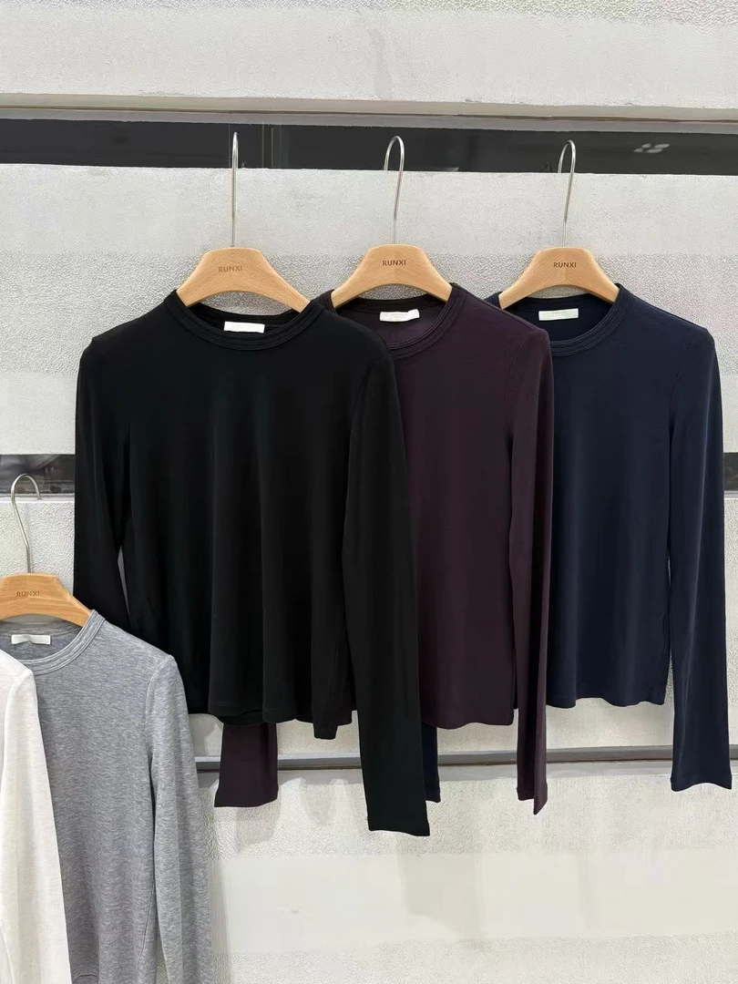 常规款静奢风圆领长袖有弹力T恤秋季简约时尚针织