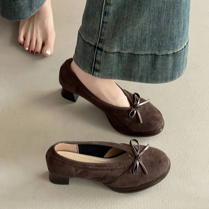 OJRZ复古法式气质名媛风高跟鞋女2025秋季新款绒面蝴蝶结粗跟单鞋
