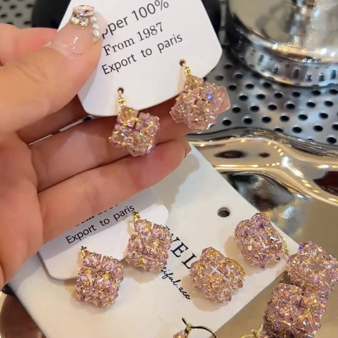 铜合金耳饰 精品/方形粉色锆石耳扣时尚气质精致百搭耳扣水晶耳环