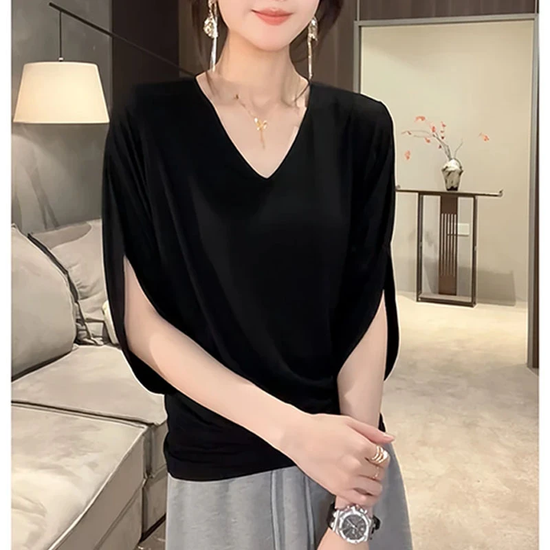 慵懒感V领蝙蝠袖T恤女夏季新款简约百搭垂感收腰显瘦五分袖上衣潮