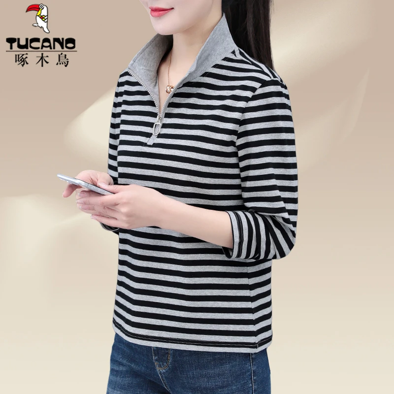 啄木鸟条纹t恤女2025新款春季内搭打底衫妈妈可外穿纯棉长袖体恤