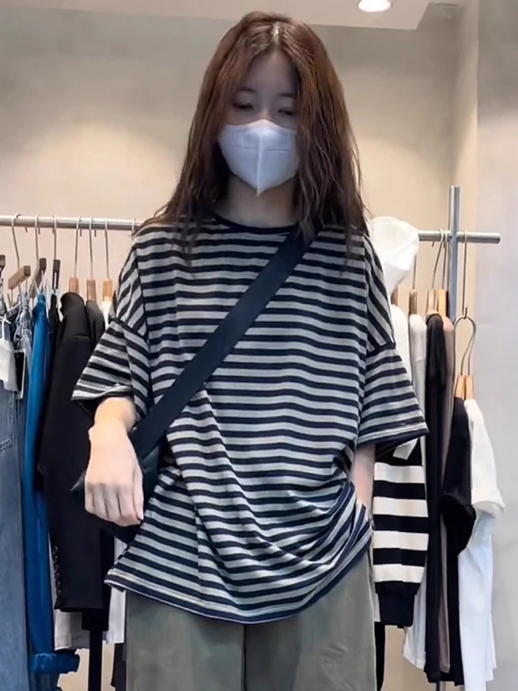 夏季新款条纹短袖T恤女2025韩系简约宽松休闲大版中长款显瘦上衣