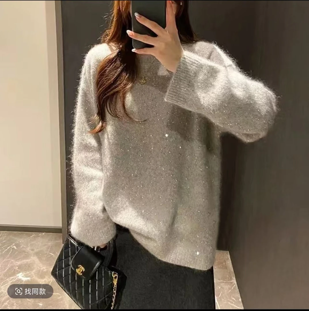 星空细闪宽松套头慵懒风蓬松软糯小亮片落肩袖毛衣圆领针织长袖