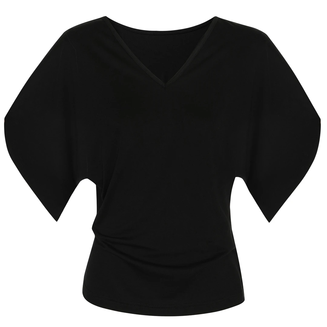 【18205】2025新款70%再生纤维时尚慵懒风宽松V领蝙蝠袖短袖女