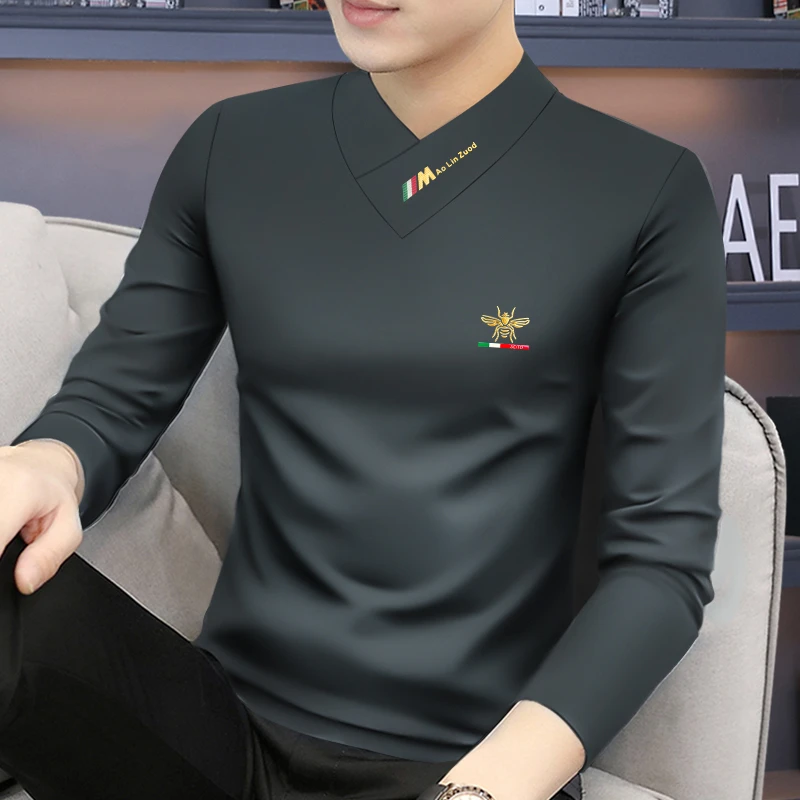 2025秋冬新款高品质V领长袖t恤加绒上衣内搭打底衫修身男士上衣潮