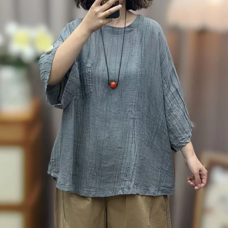 2443后背扣子圆领褶皱天丝苎麻夏季轻薄透气衬衫