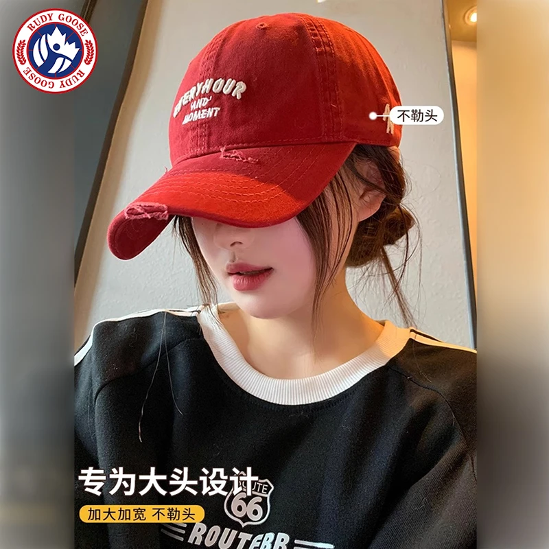 RUDY GOOSE复古字母刺绣红色棒球帽女显脸小帽子宽檐大头围鸭舌帽