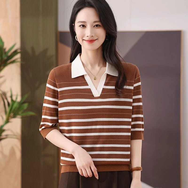 翻领冰丝t恤女士夏装新款中袖上衣大码薄款妈妈春秋条纹针织小衫