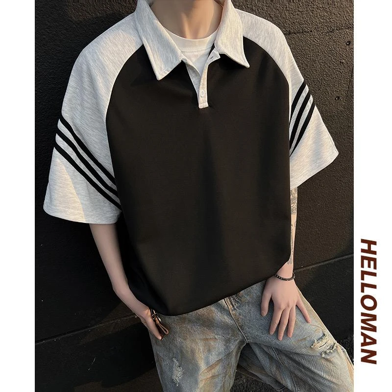三条杠条纹短袖t恤男款2025夏季美式高街复古翻领polo衫上衣半袖