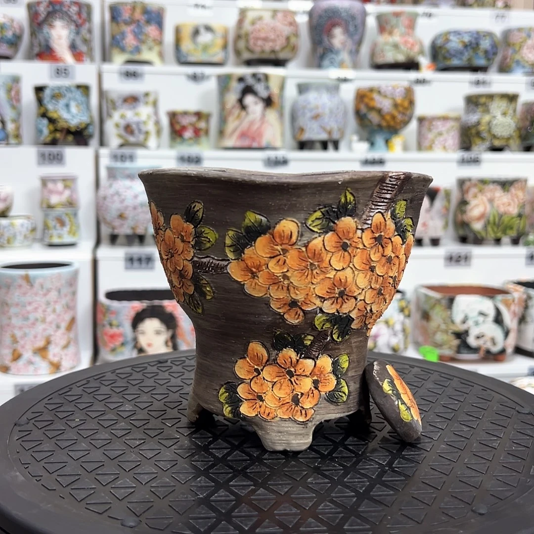 手绘陶瓷花盆口12高13