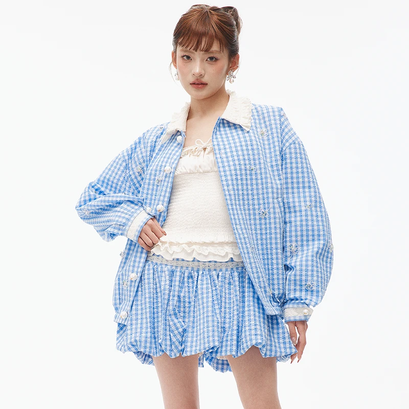 LE FAME/拉飞姆2025年夏季新品时尚蓝白格宽松廓形外套