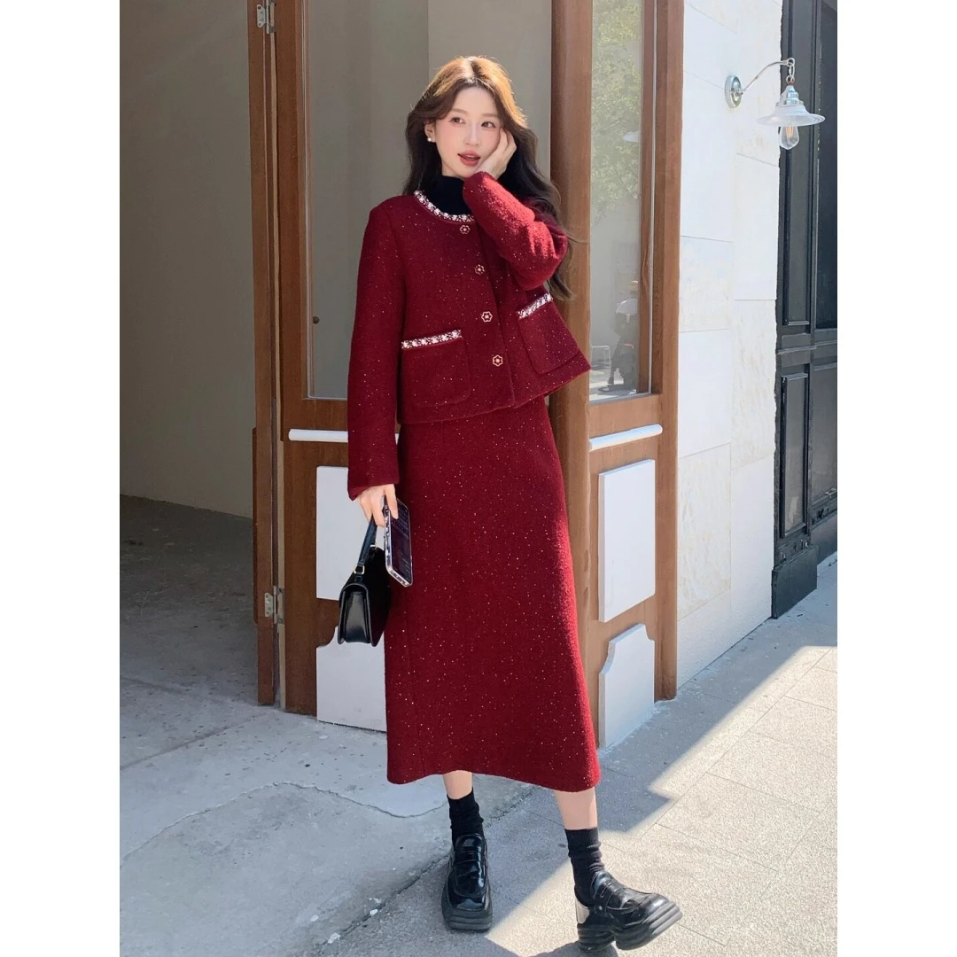 优雅轻奢小香风毛呢套装女冬季2026名媛气质上衣高腰半身裙两件套