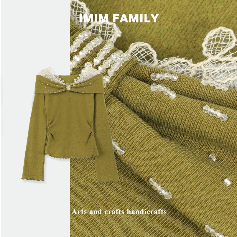 “榛果森林”蝴蝶结一字肩拼接纯欲风长袖T恤女秋冬时尚精致