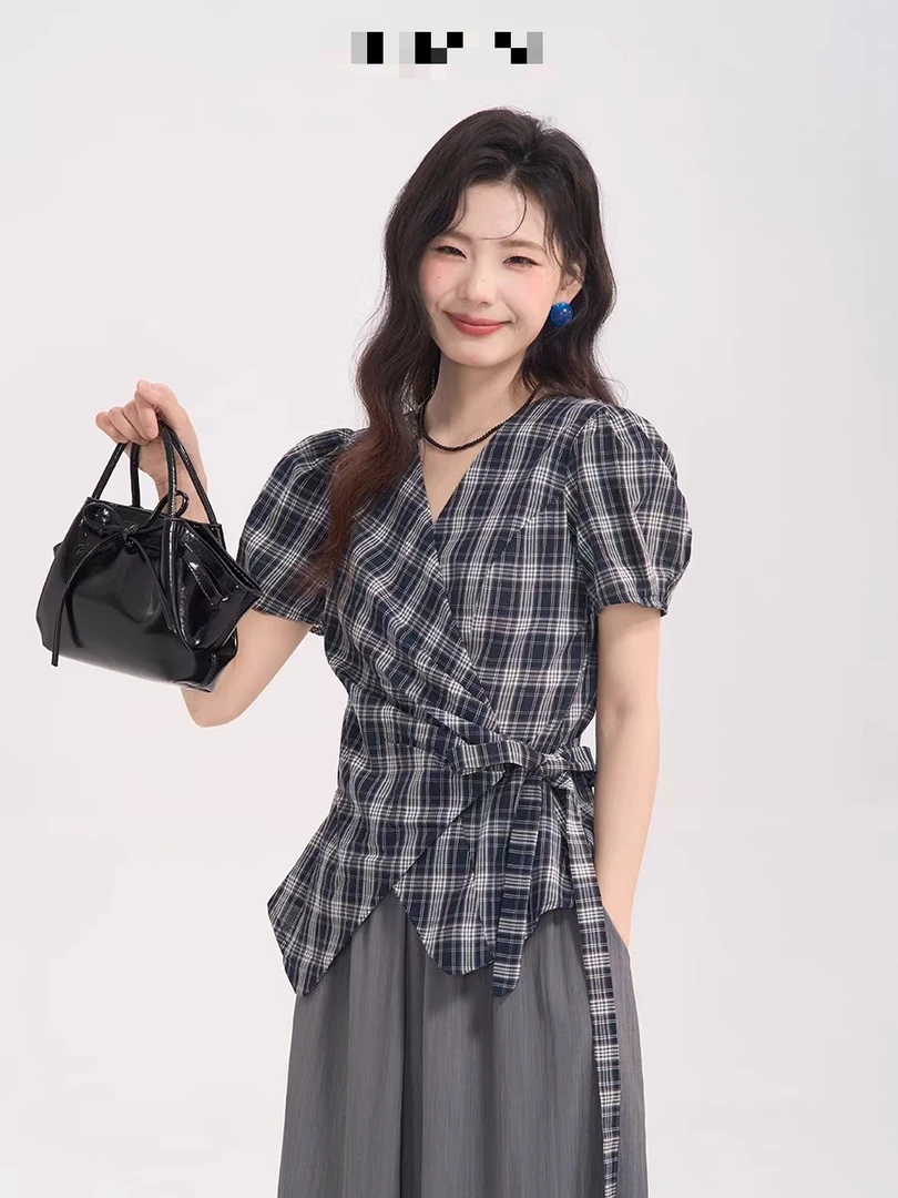 2025夏季新款绑带格子衬衣