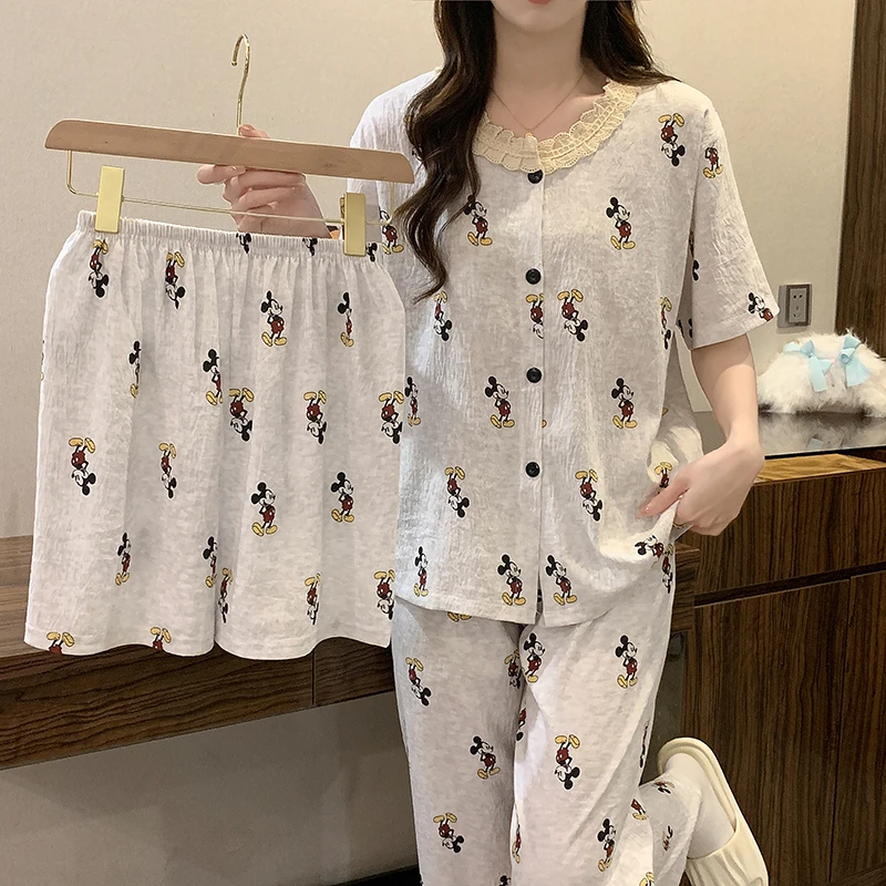 三件套睡衣女款春秋季卡通蕾丝圆领花边短袖长裤可爱甜美套装1036