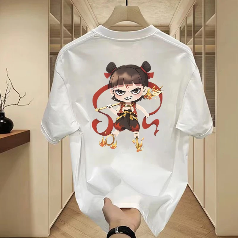 2025国潮新款哪吒动漫人物印花短袖体恤男女情侣宽松圆领上衣潮流