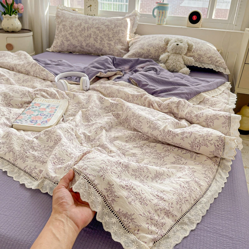 韩版双层纱夏凉被亲肤双人单人花边款夏被空调被可机洗夏季被子